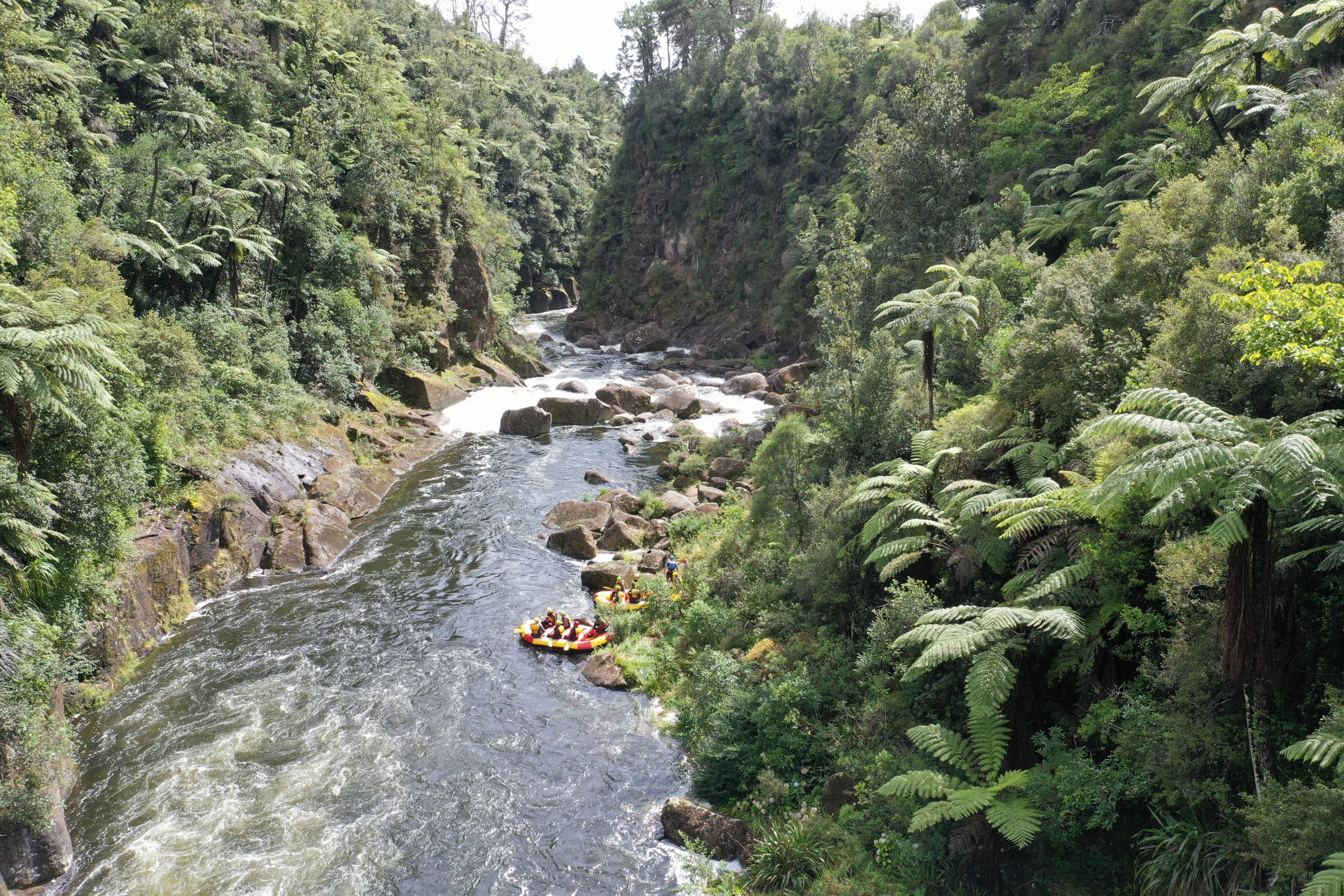 Group in a yellow raft paddling over a small waterfall surrounded by lush greenery.