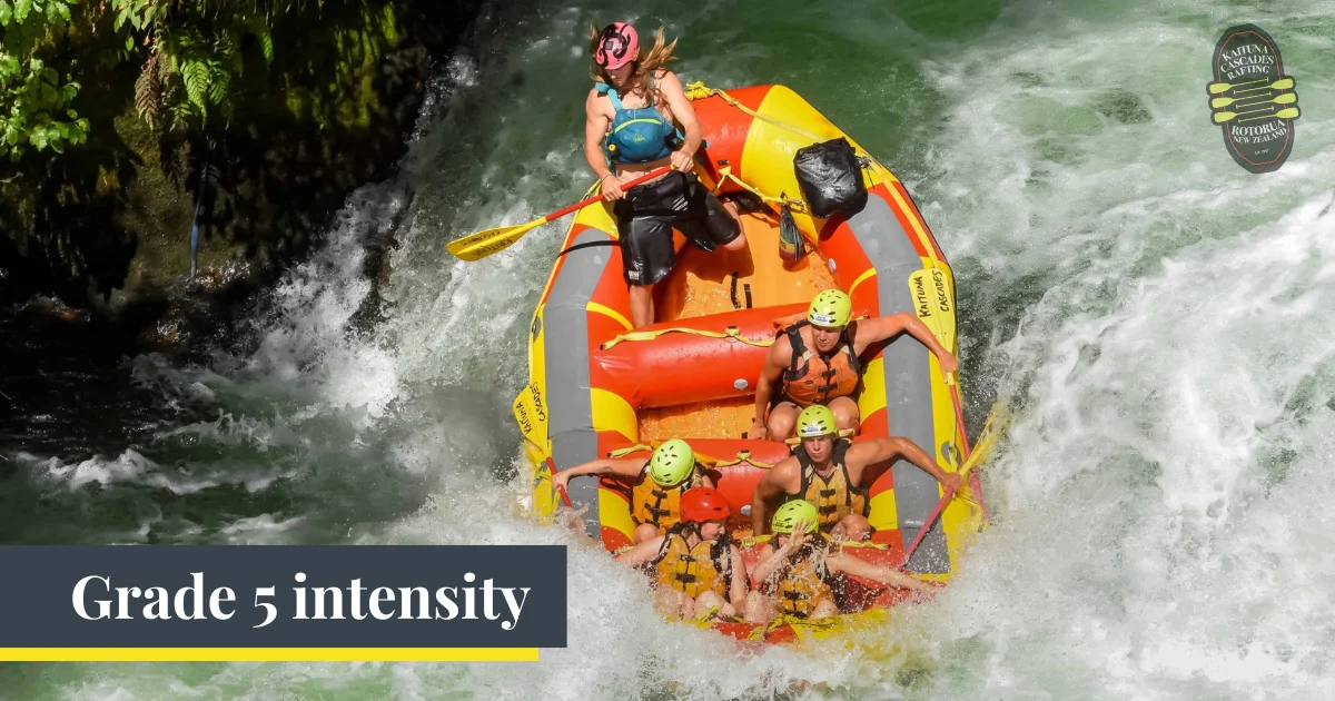 1 - Rafting group drops from lush forest waterfall on Kaituna River route