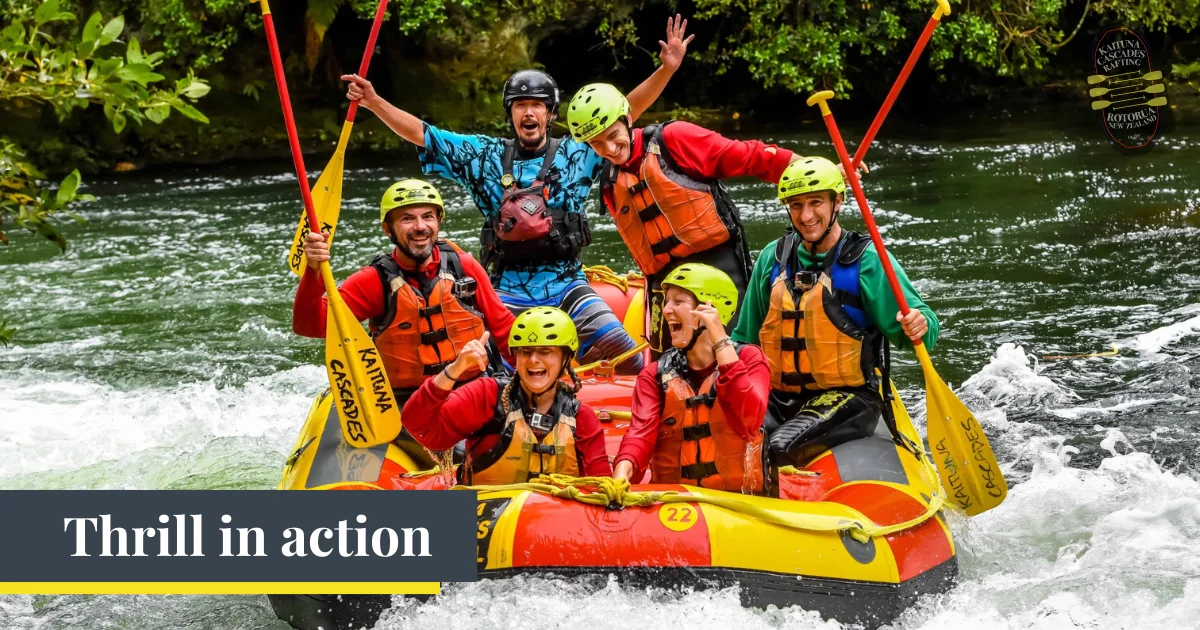 2 - Rafting group drops from lush forest waterfall on Kaituna River route