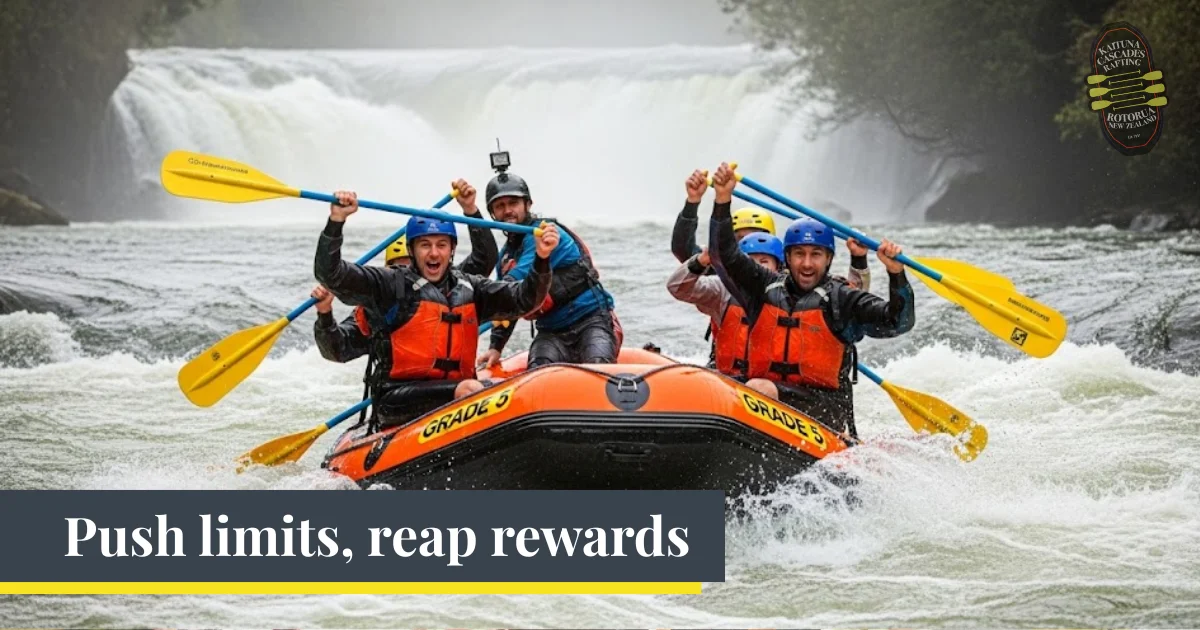 3 - Rafting group drops from lush forest waterfall on Kaituna River route
