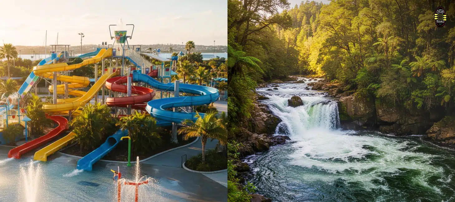 Water park auckland slides and pools contrasted with Kaituna River rapids and waterfall in native bush