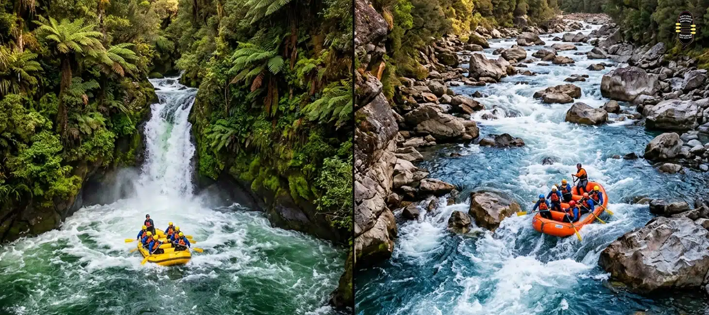 Rafting groups on Kaituna's Tutea Falls and Wairoa's boulder rapids, New Zealand