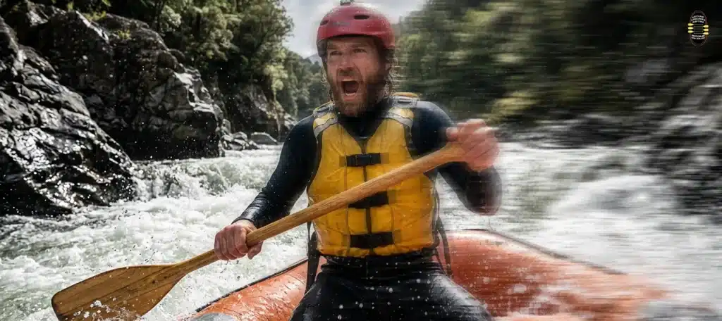 A rafter in a wetsuit and life jacket paddling through white water rapids
