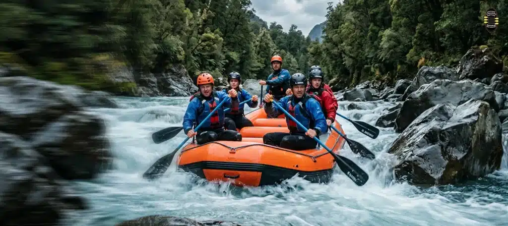 A group paddling an orange raft through rocky rapids on the Wairoa River